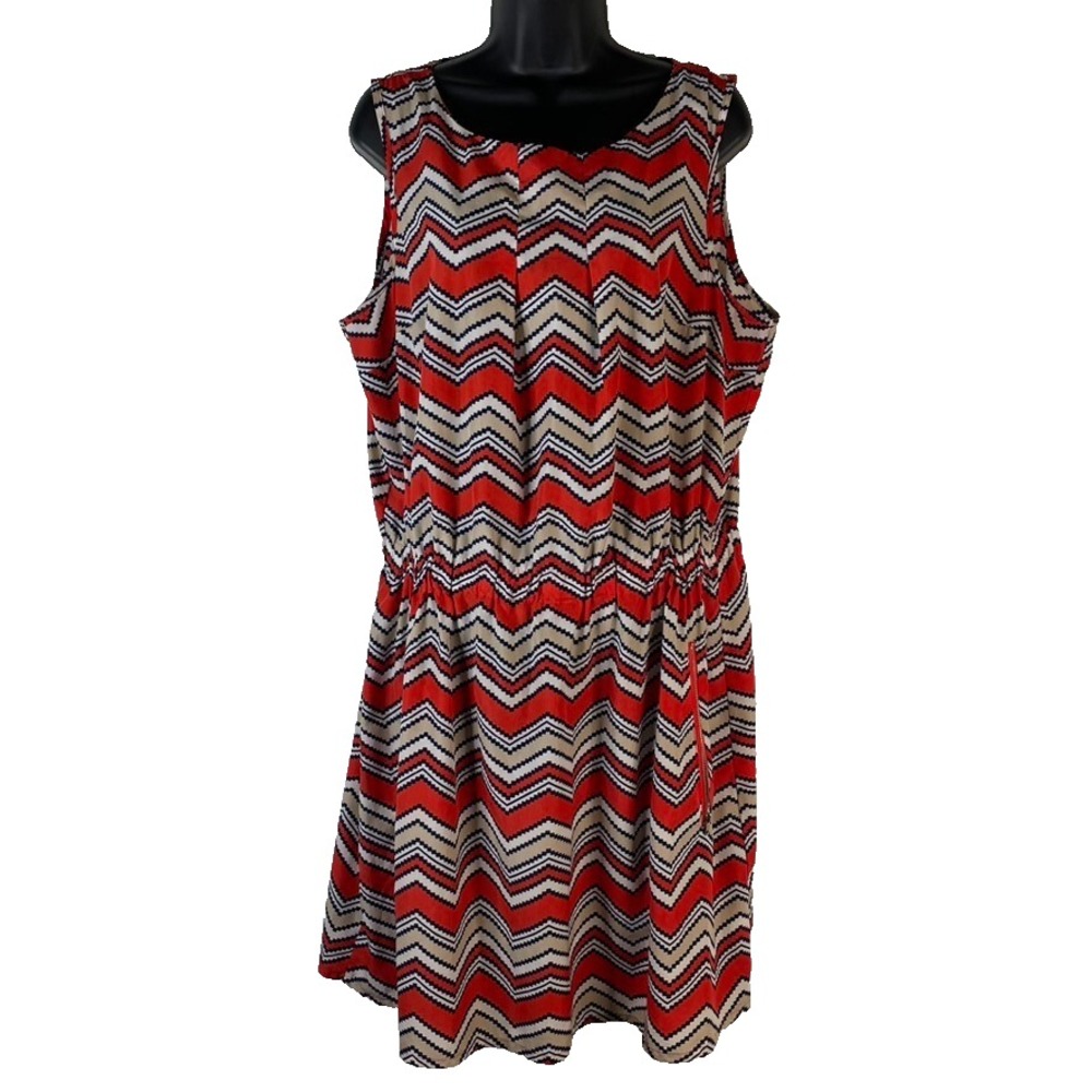 Feathers Womens Dress Red 1X Chevron Print Sleeveless Round‎ Neck Elastic Waist